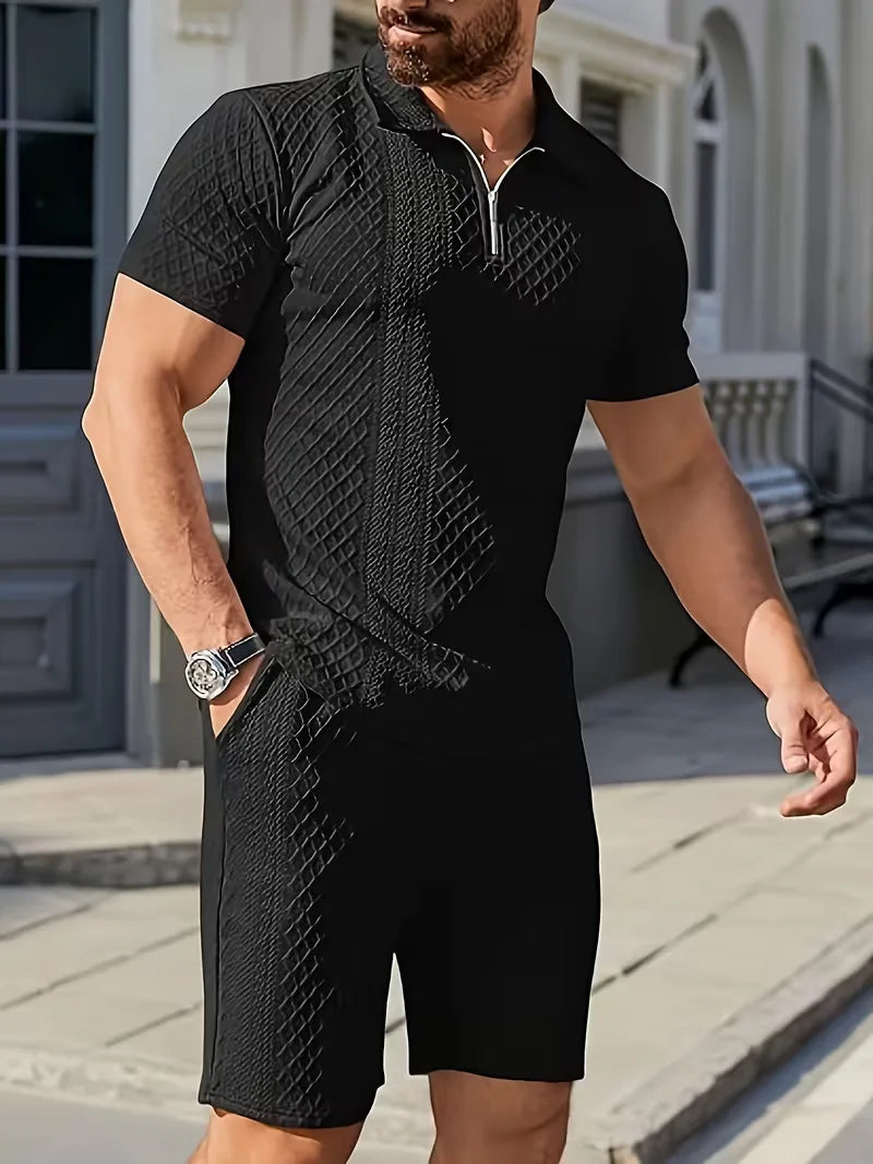 Comfortabele heren kledingset voor de zomer; regular fit jacquard polo en ademende shorts.