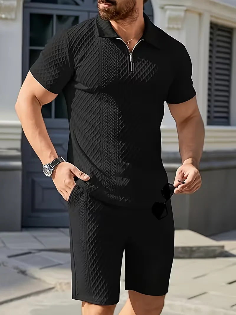 Stijlvolle heren jacquard polo met diamant patroon en korte broek, ideaal voor warme dagen.