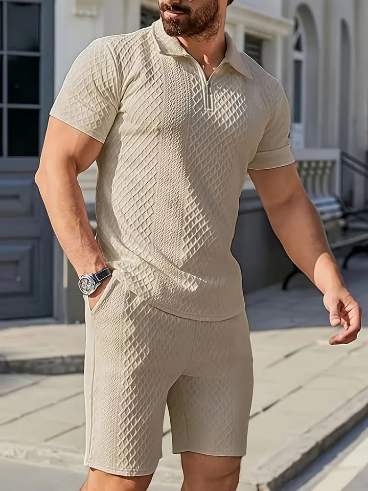 Casual heren zomer set met unieke jacquard polo en sportieve shorts voor elke gelegenheid.