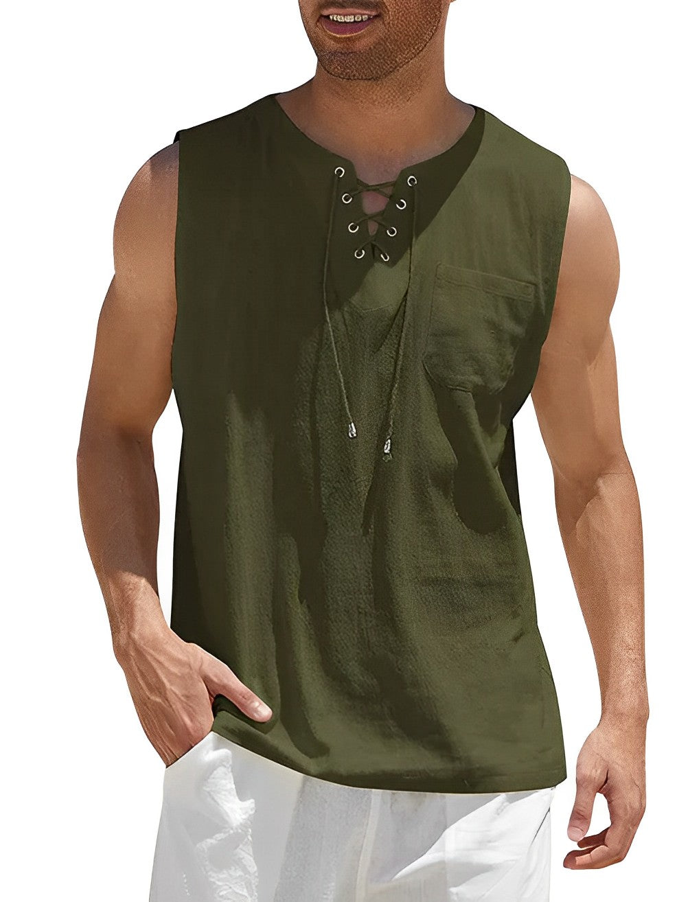 Heren zomer tanktop met V-hals, luchtig en comfortabel. Ideaal voor warme dagen, strand of vakantie.