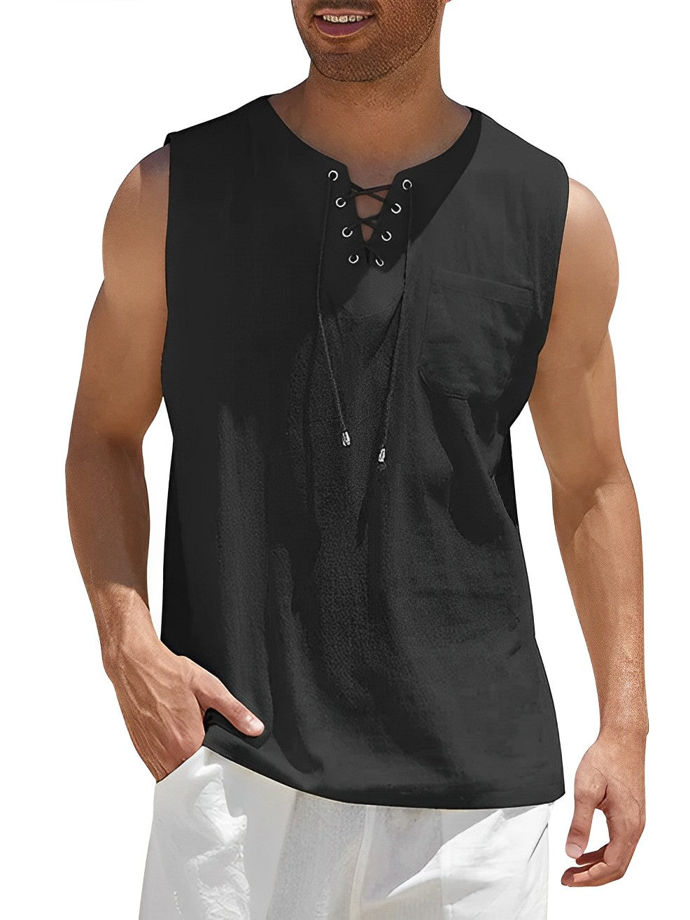 Luchtige heren V-hals tanktop voor de zomer, mouwloos en koel. Geschikt voor warm weer en vakantie.