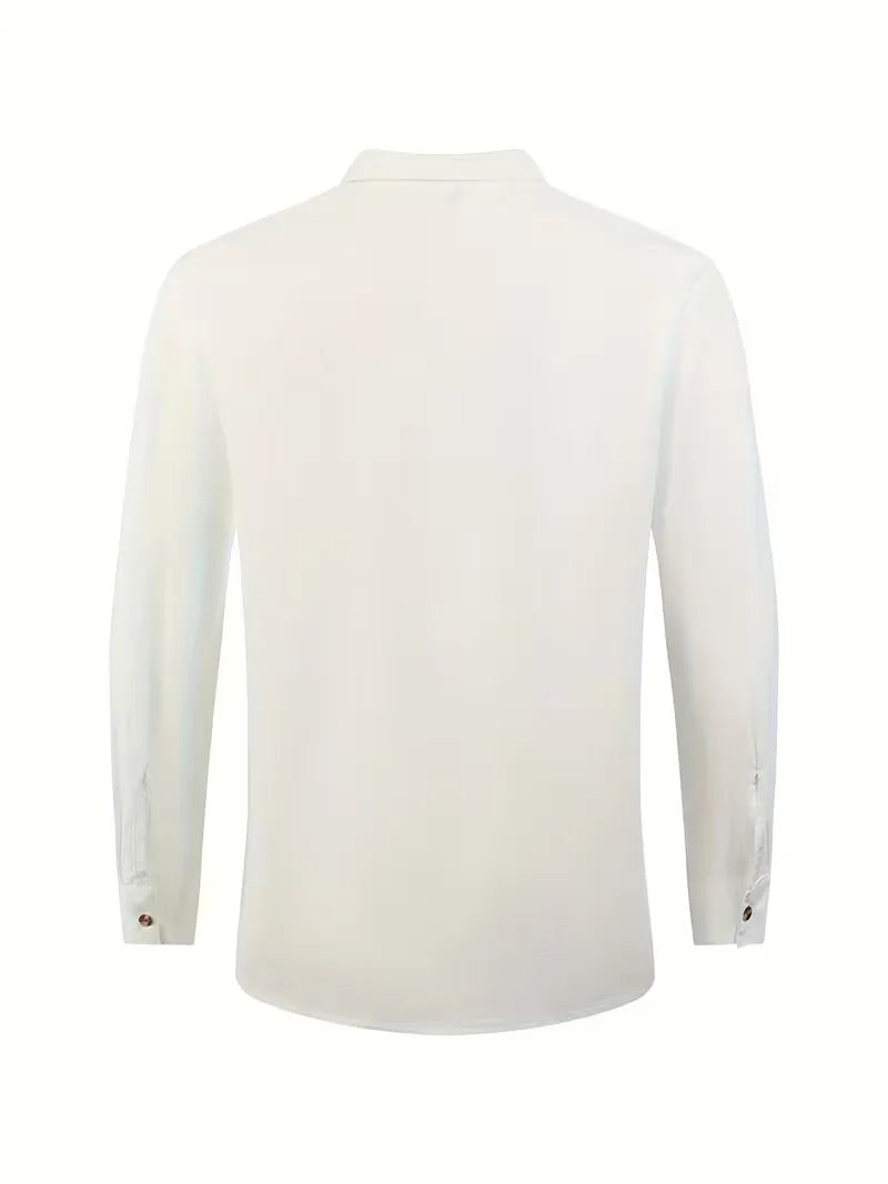 Zomers herenpak met lange mouwen en mandarijnkraag. Stijlvolle en comfortabele herenkleding.