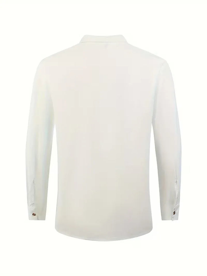 Zomers herenpak met lange mouwen en mandarijnkraag. Stijlvolle en comfortabele herenkleding.
