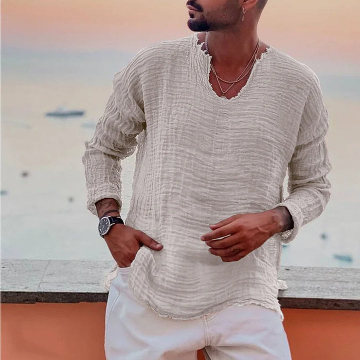 Heren zomershirt met V-hals, korte mouwen. Comfortabel effen T-shirt, ideaal voor casual zomeroutfits en strandkleding.