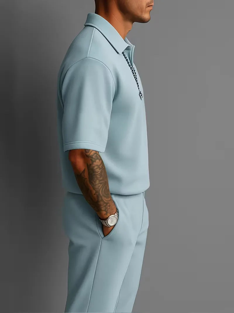 Smart casual herenpak met korte mouwen, twee delig, met rechte pijpen, perfect voor lentemode.