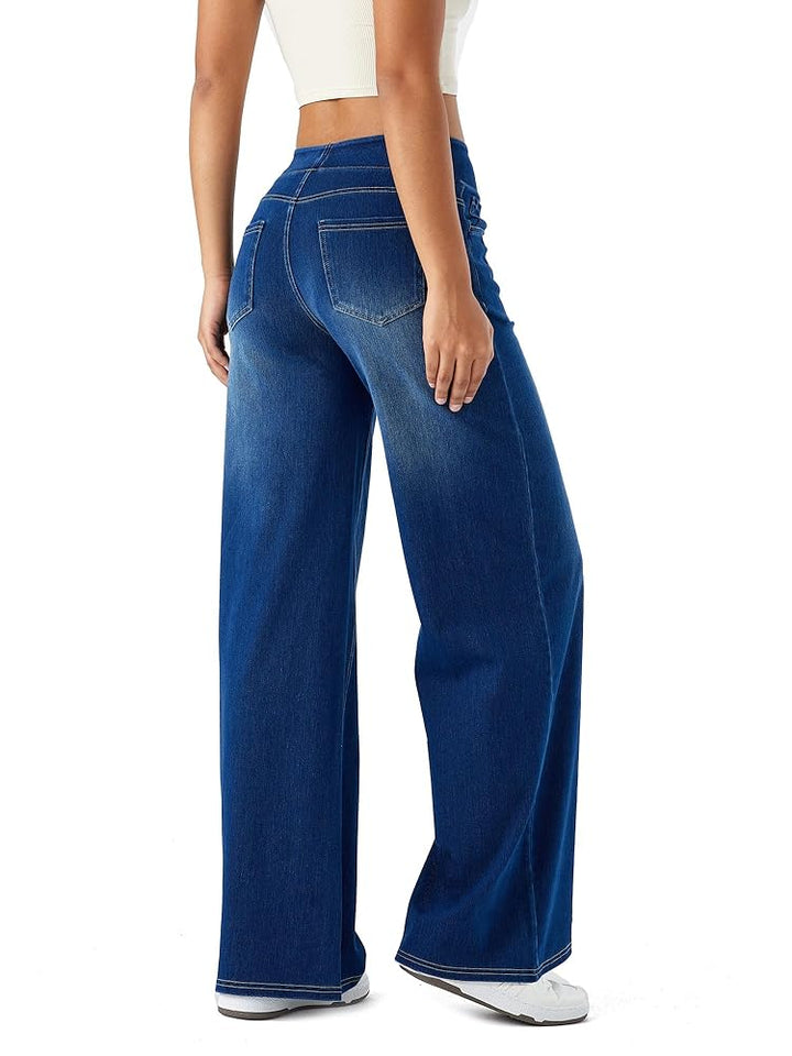 "High-waist wide-leg jeans met elastische tailleband, wijde pijpen, blauwe denim kleur, moderne pasvorm voor dames."
