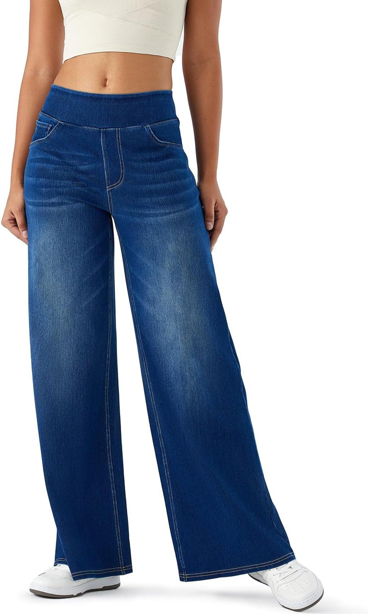 "High-waist wide-leg jeans met elastische tailleband, wijde pijpen, blauwe denim kleur, moderne pasvorm voor dames."