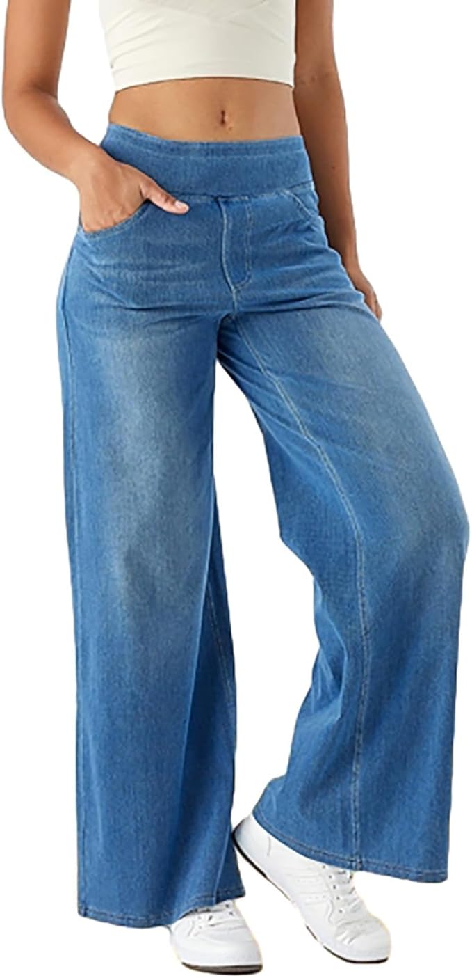 "High-waist wide-leg jeans met elastische tailleband, wijde pijpen, blauwe denim kleur, moderne pasvorm voor dames."
