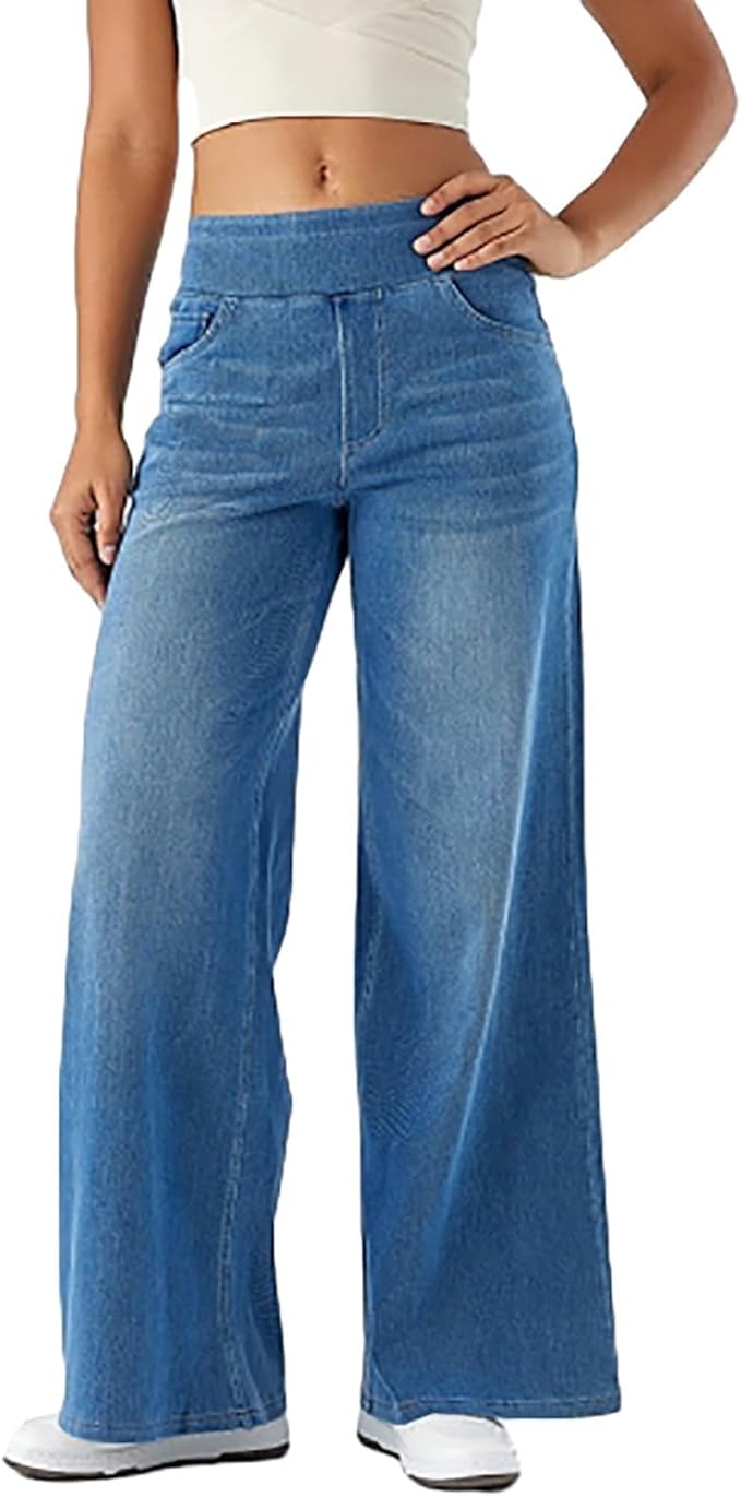 "High-waist wide-leg jeans met elastische tailleband, wijde pijpen, blauwe denim kleur, moderne pasvorm voor dames."