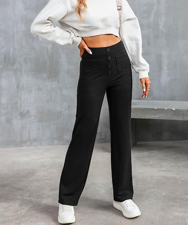 "High-waisted elastische broek met knoopdetails, hoge taille en rechte pijpen voor comfort en stijl, damesmode"
