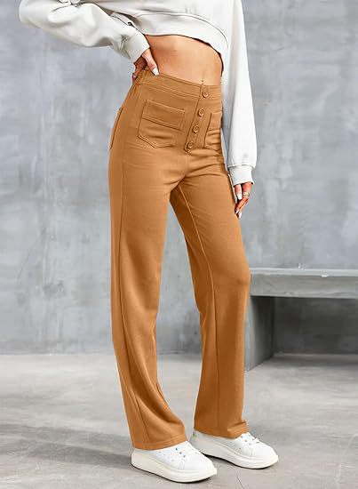 "High-waisted elastische broek met knoopdetails, hoge taille en rechte pijpen voor comfort en stijl, damesmode"