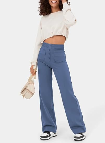 "High-waisted elastische broek met knoopdetails, hoge taille en rechte pijpen voor comfort en stijl, damesmode"