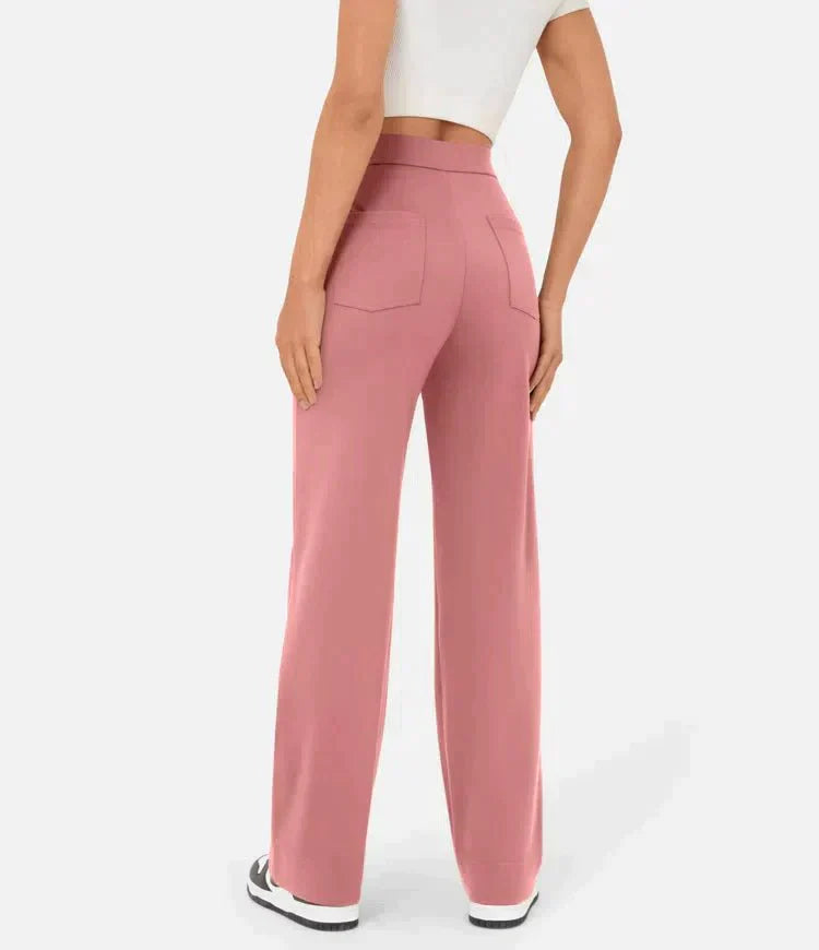 "High-waisted elastische broek met knoopdetails, hoge taille en rechte pijpen voor comfort en stijl, damesmode"