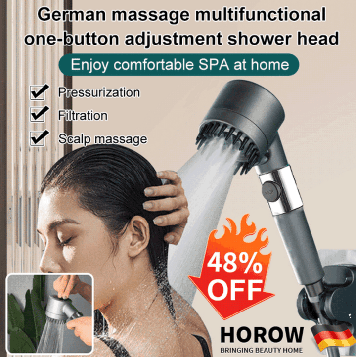 "Hogedruk douchekop met 9-laagse filtratie, transparant en glanzend chrome ontwerp, hangt aan muurbeugel."