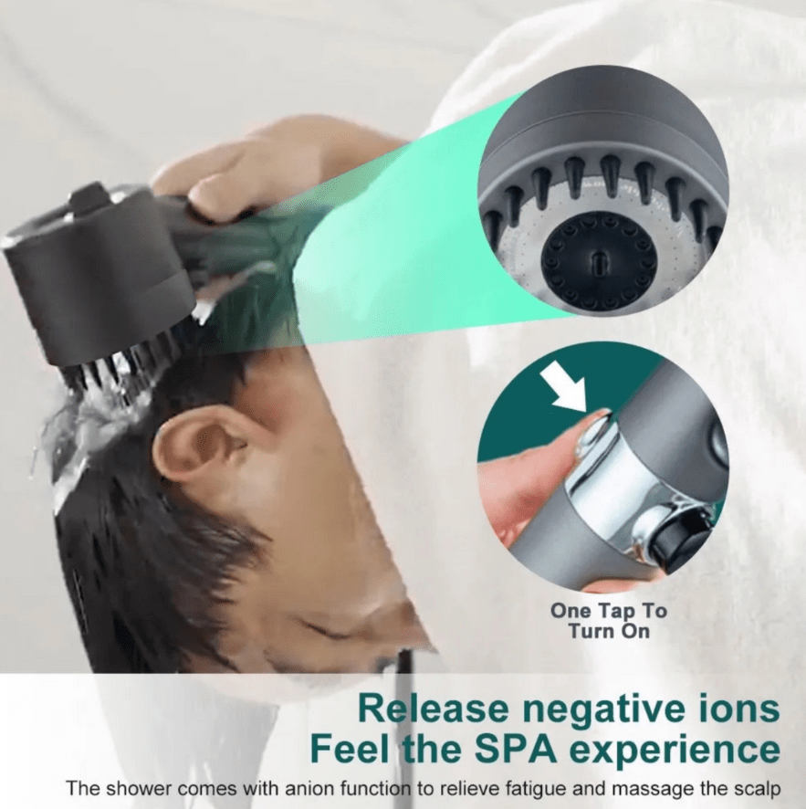 "Hogedruk douchekop met 9-laagse filtratie, transparant en glanzend chrome ontwerp, hangt aan muurbeugel."