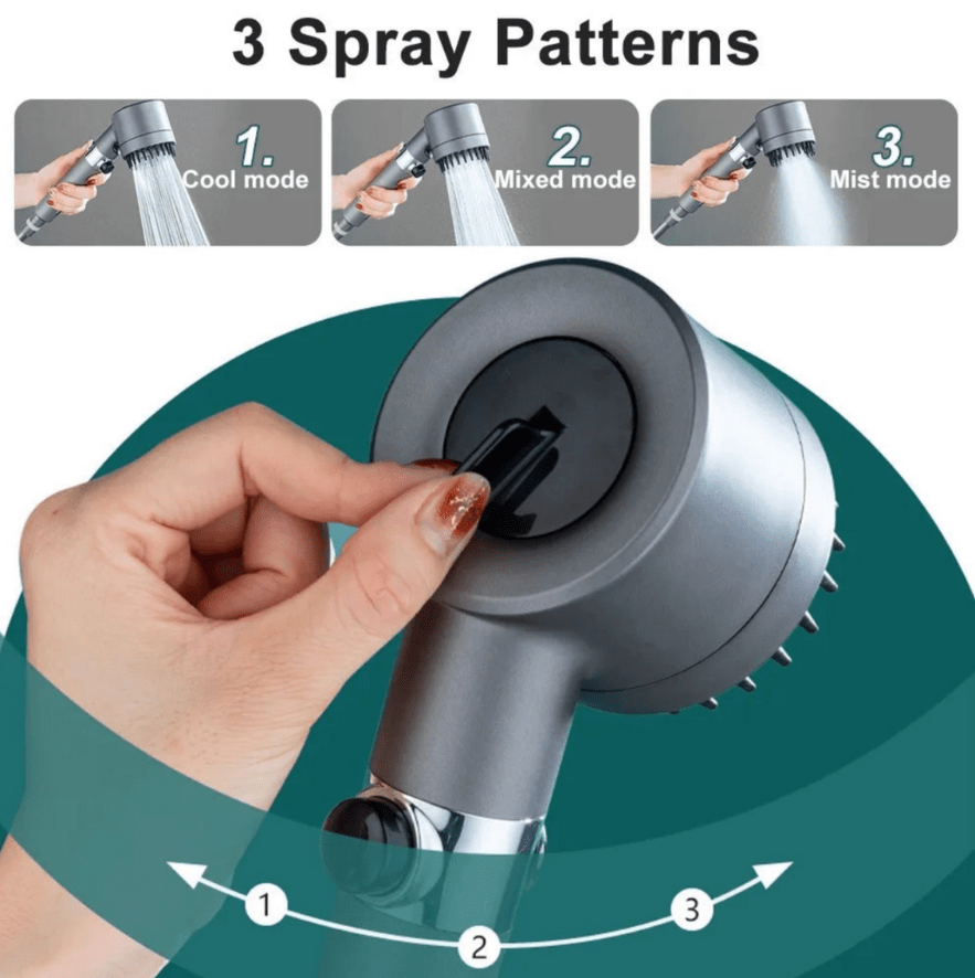 "Hogedruk douchekop met 9-laagse filtratie, transparant en glanzend chrome ontwerp, hangt aan muurbeugel."