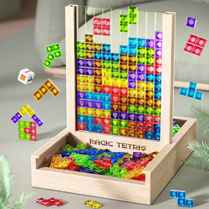 Houten Ecoblock Tetris spel met kleurrijke blokken; duurzaam educatief speelgoed voor kinderen en volwassenen.