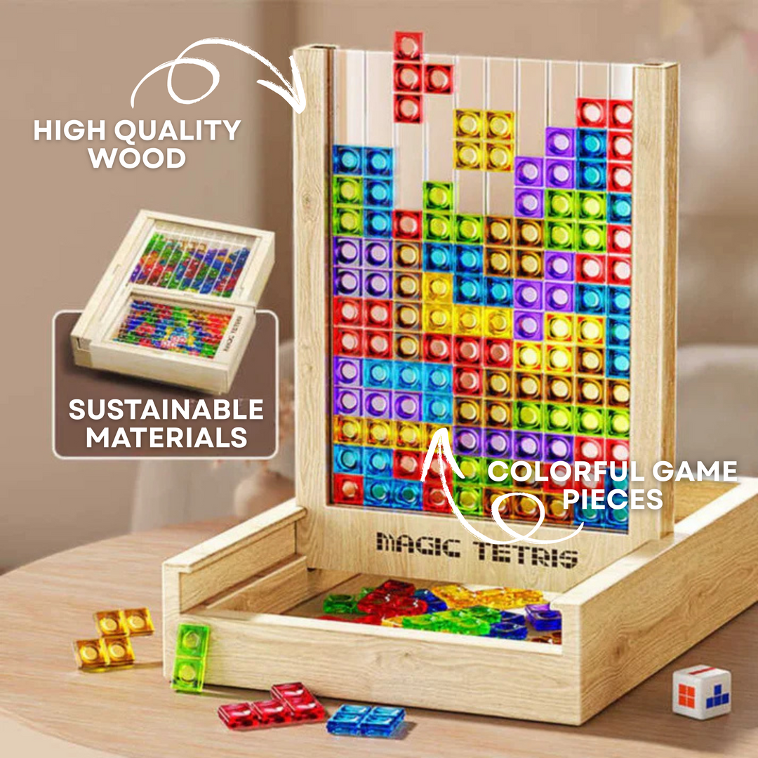 Detail van houten Tetris blokken in diverse vormen; ecologisch puzzelspel voor logisch denken en hersentraining.