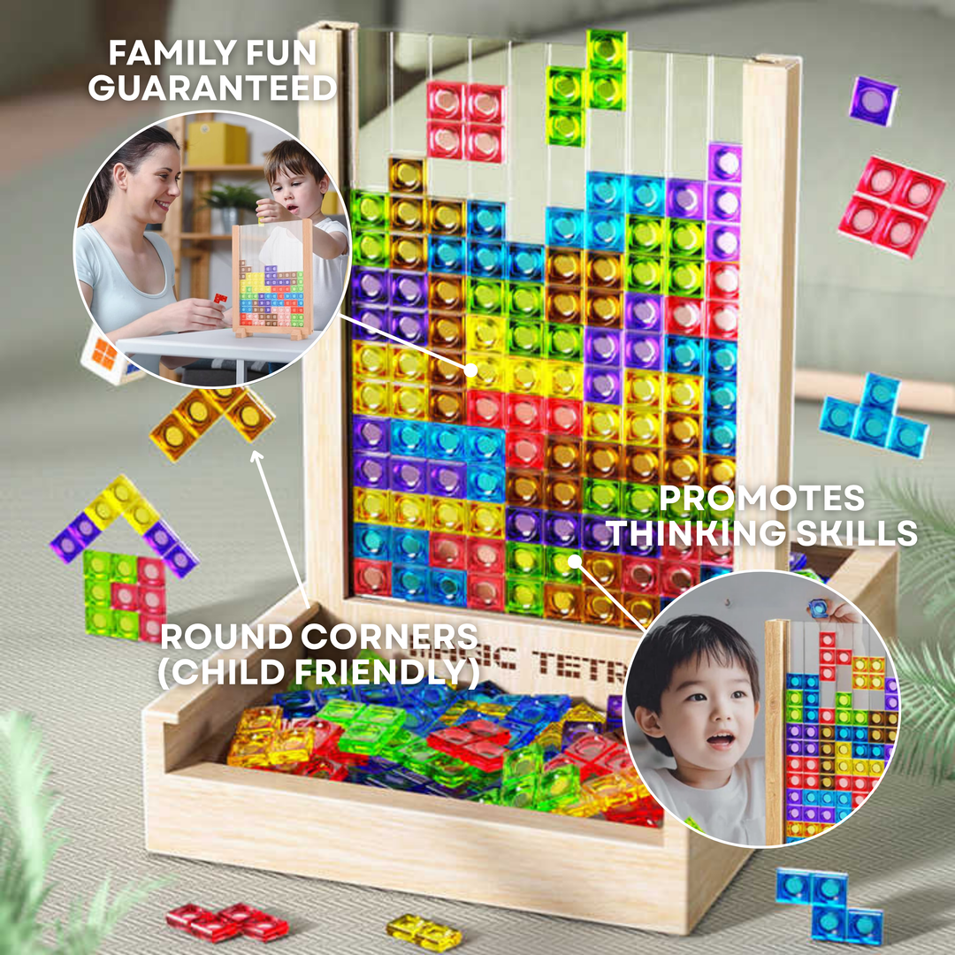 Familiespellen: Houten Tetris puzzel, een uitdagend blokkenspel voor urenlang familieplezier.