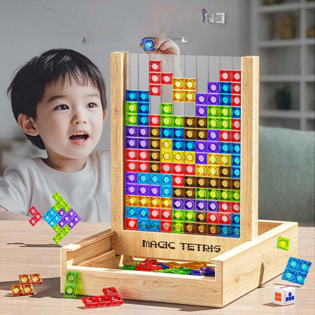 Duurzaam houten Ecoblock Tetris spel, milieuvriendelijk puzzelspeelgoed dat logisch denken stimuleert.