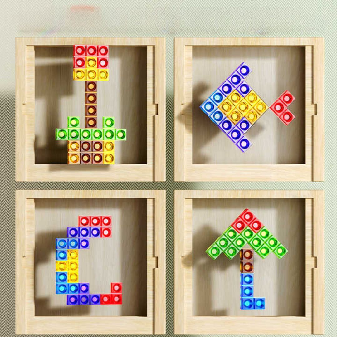 Educatief houten Tetris spel voor kinderen, stimuleert ruimtelijk inzicht en probleemoplossend vermogen.