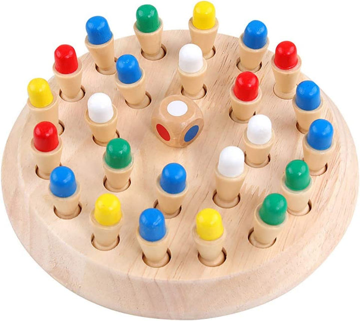 "Houten geheugenspel voor kinderen, duurzaam en educatief met kleurrijke schijven in een ronde doos, verbetert geheugen."