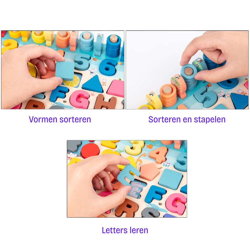 "Houten Montessori speelbord met educatieve elementen zoals cijfers en vormen, duurzaam en kleurrijk voor baby en peuter."