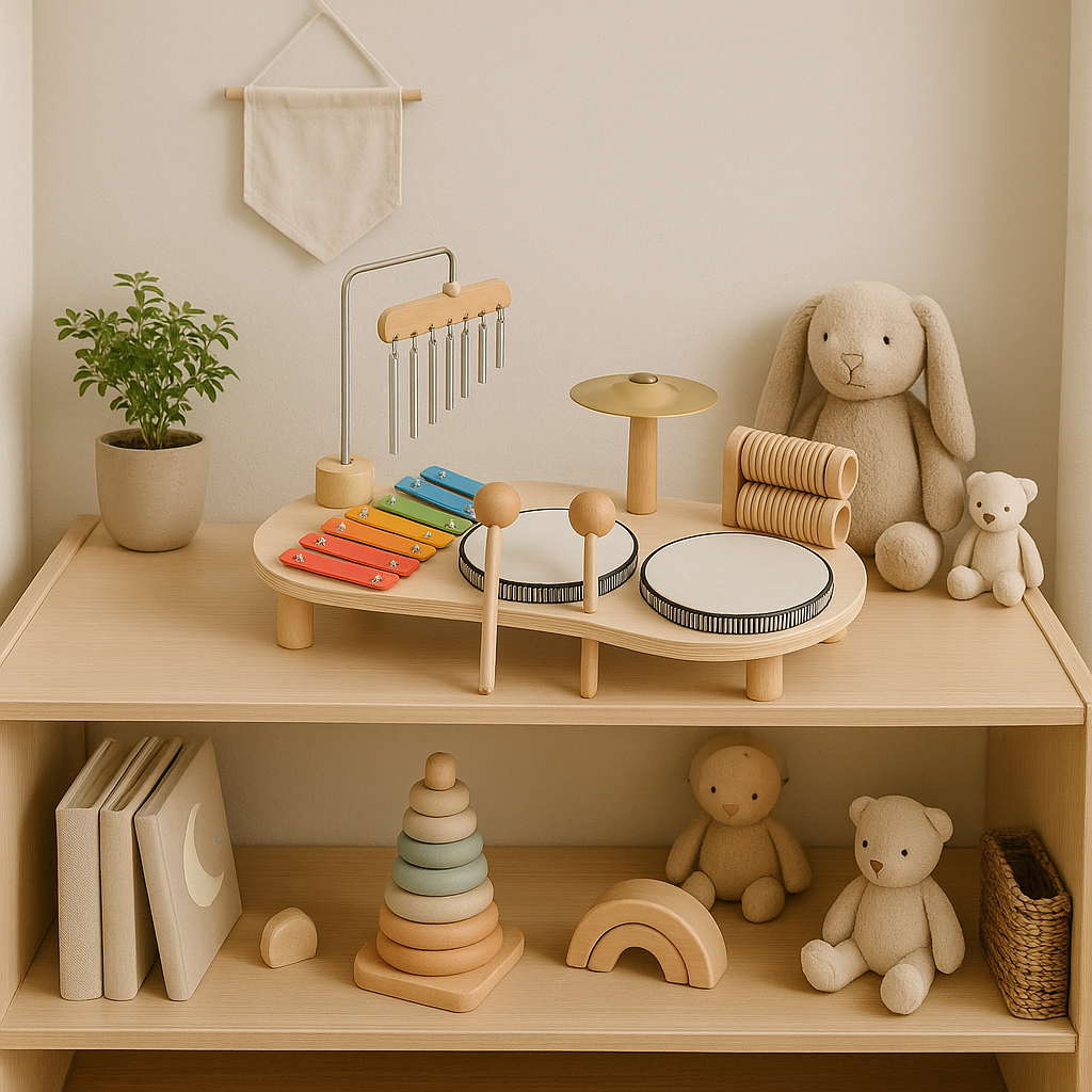 Houten muziekspeelset voor baby's met drum en gong, bevordert creativiteit en motorische vaardigheden, duurzame constructie.