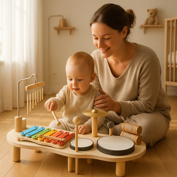 Houten muziekspeelset voor baby's met drum en gong, bevordert creativiteit en motorische vaardigheden, duurzame constructie.