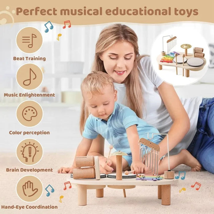 Overzicht van het houten muziekstation speelgoed, ideaal als cadeau voor de ontwikkeling van jonge kinderen.