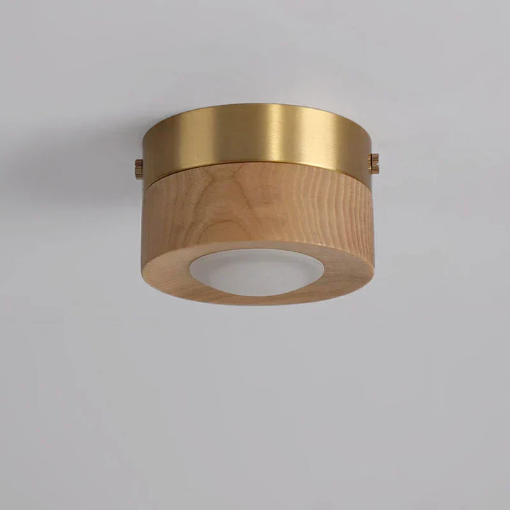 Moderne essenhouten plafondlamp met richtbare LED spotverlichting, geschikt voor slaapkamer of gang.