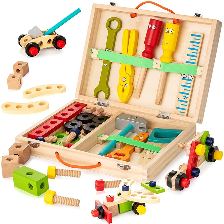 "Houten speelgoed gereedschapskist voor kinderen met kleurrijke onderdelen, perfect voor educatief spelen en creativiteit."
