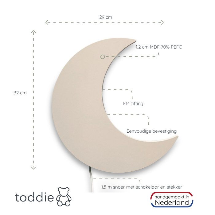 "Houten wandlamp kinderkamer, maanvormig, beige kleur, sfeervolle verlichting en decoratief ontwerp voor babykamers."