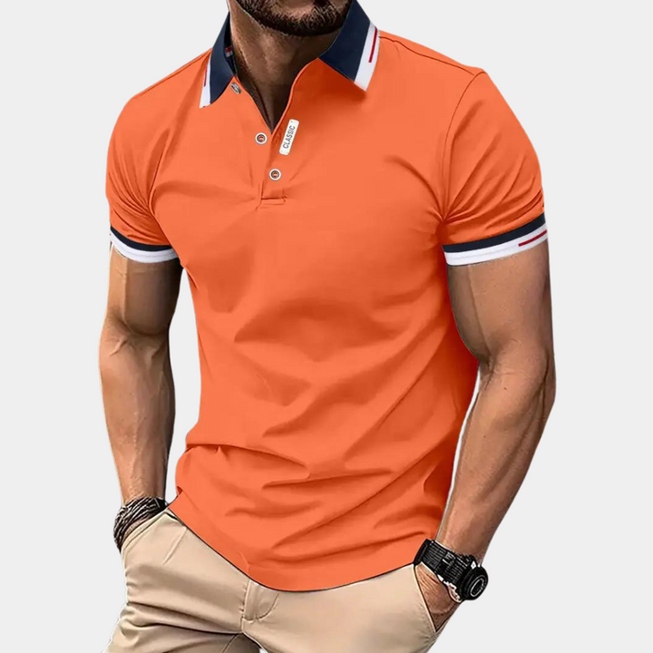 "Iconisch oranje herenpoloshirt, perfecte pasvorm, veelzijdig voor sportieve en casual gelegenheden"