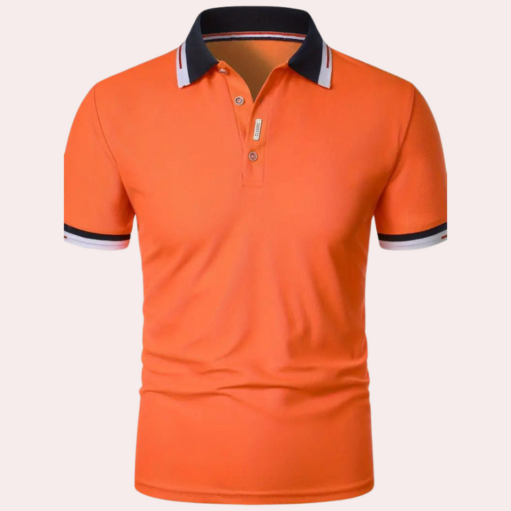 "Iconisch oranje herenpoloshirt, perfecte pasvorm, veelzijdig voor sportieve en casual gelegenheden"