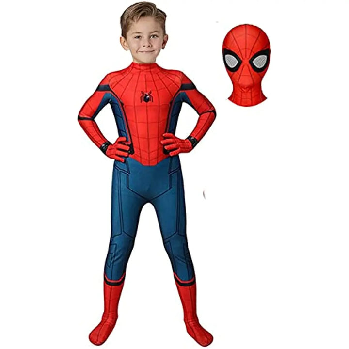 Iconisch Spider-Man kostuum voor kinderen met felrode en blauwe kleuren, inclusief masker voor superheldenverkleedpartijen.