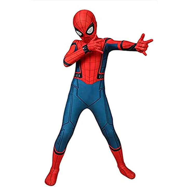 Iconisch Spider-Man kostuum voor kinderen met felrode en blauwe kleuren, inclusief masker voor superheldenverkleedpartijen.