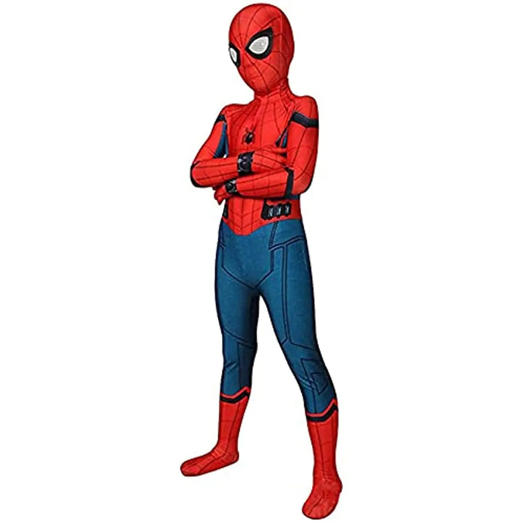 Iconisch Spider-Man kostuum voor kinderen met felrode en blauwe kleuren, inclusief masker voor superheldenverkleedpartijen.