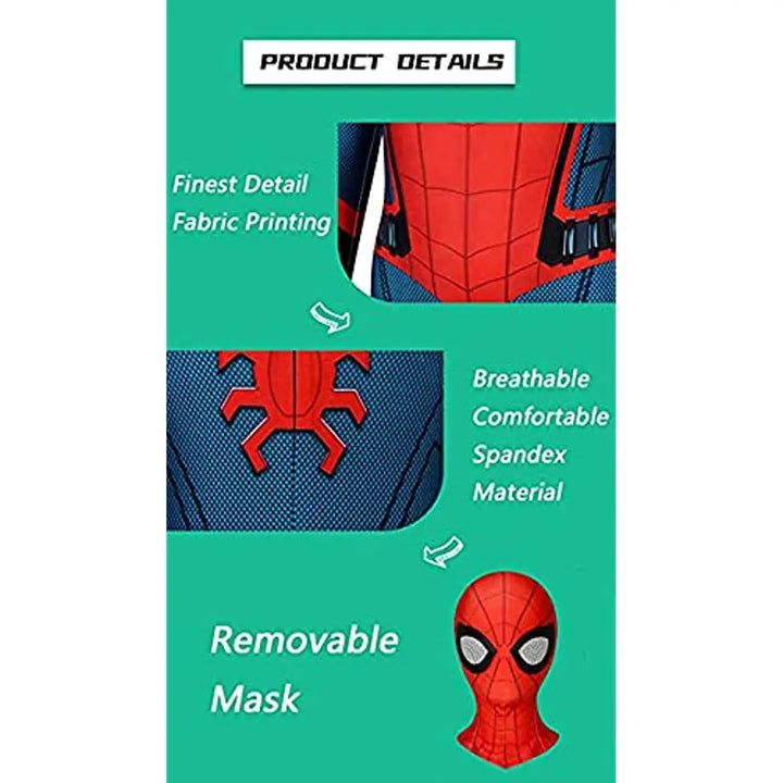 Iconisch Spider-Man kostuum voor kinderen met felrode en blauwe kleuren, inclusief masker voor superheldenverkleedpartijen.