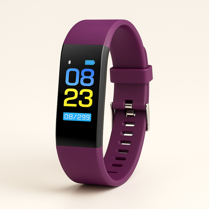 Zilverkleurige senioren smartwatch met duidelijke tijd, datum en activiteitstracker op groot, helder display.