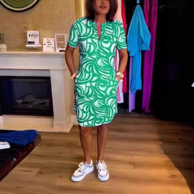 Dames Jurk met Korte Mouwen | Abstracte Print | Zomerse Stijl