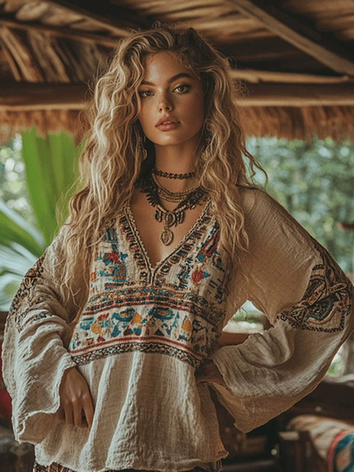 Geborduurde Bohemian Blouse | V-Hals