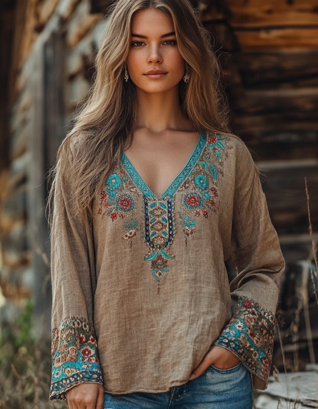 Geborduurde Bohemian Blouse | V-Hals