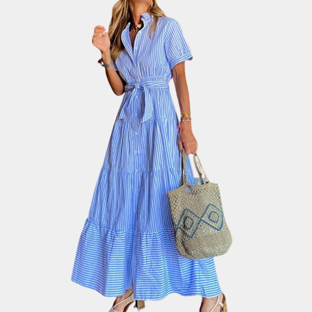 "Irina gestreepte maxi-jurk voor dames, met ceintuur, blauw en groen, zomerse uitstraling, elegant en comfortabel."