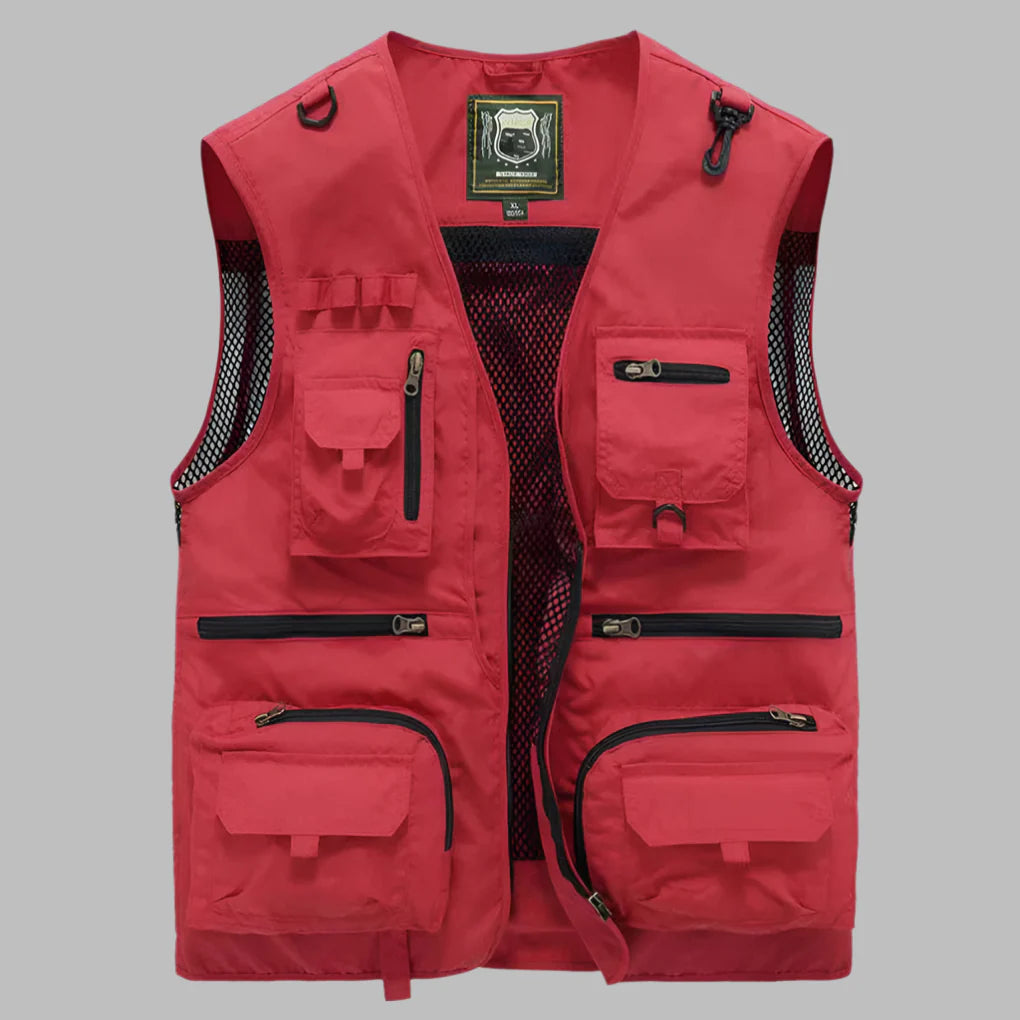 Kaki heren zomervest met vele zakken, lichtgewicht en comfortabel voor outdoor of reizen.