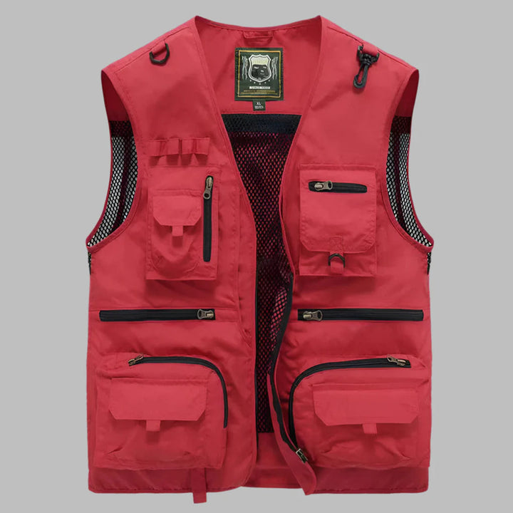 Kaki heren zomervest met vele zakken, lichtgewicht en comfortabel voor outdoor of reizen.