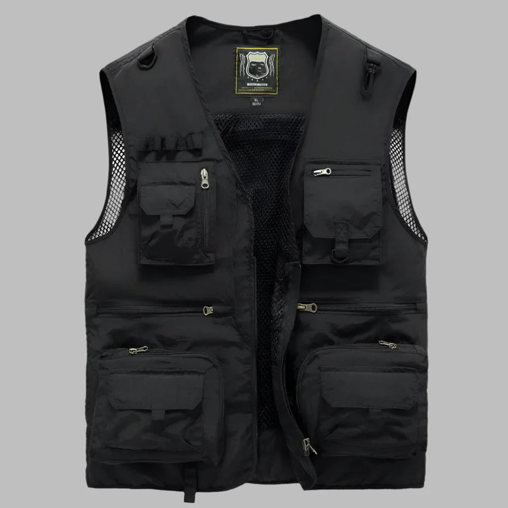 Praktisch donkerblauw heren outdoorvest met veel zakken, waterafstotend en ideaal voor vrijetijd.