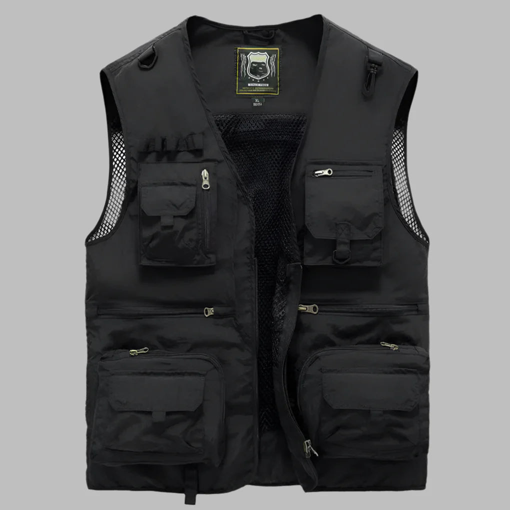 Praktisch donkerblauw heren outdoorvest met veel zakken, waterafstotend en ideaal voor vrijetijd.
