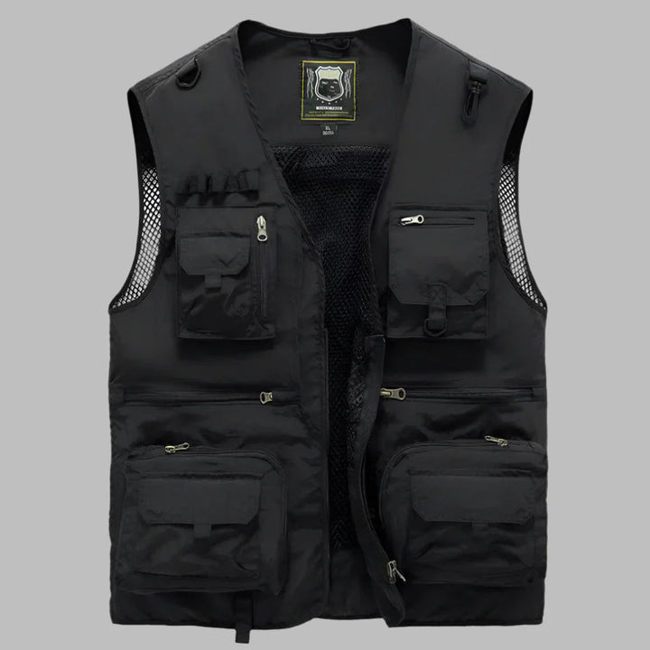 Praktisch donkerblauw heren outdoorvest met veel zakken, waterafstotend en ideaal voor vrijetijd.