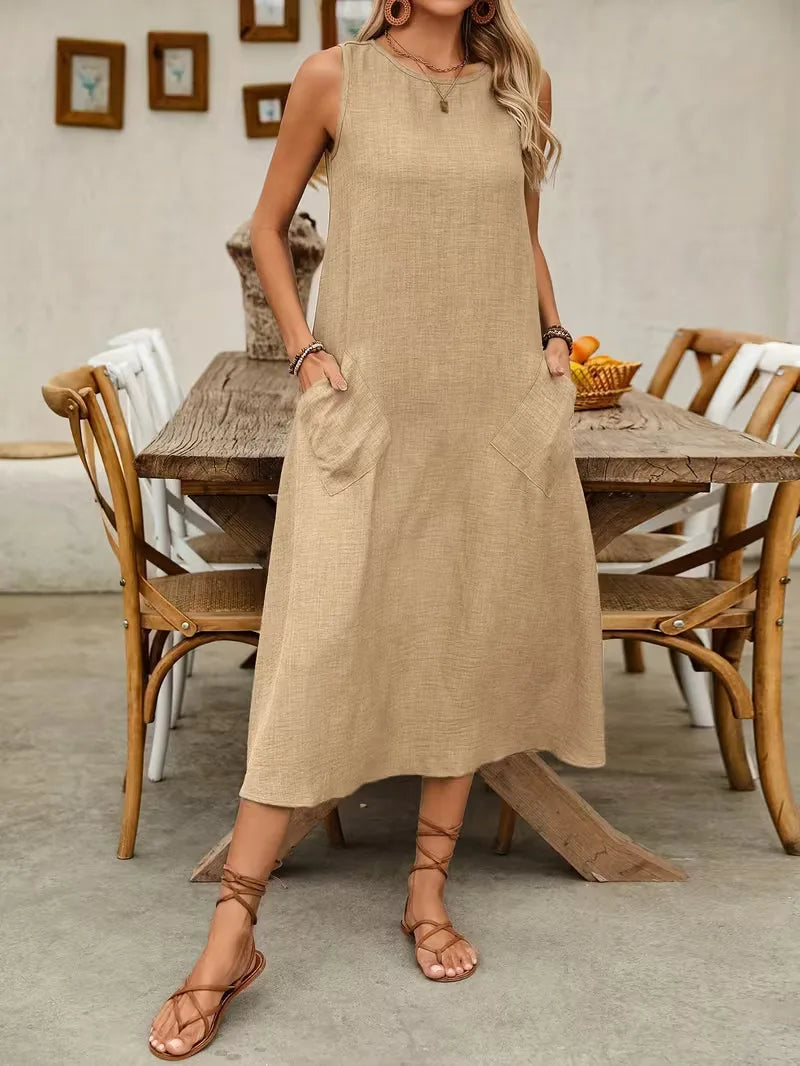 Elegante dames A-lijn jurk in khaki, een flatterend model met comfortabele pasvorm en handige zakken.